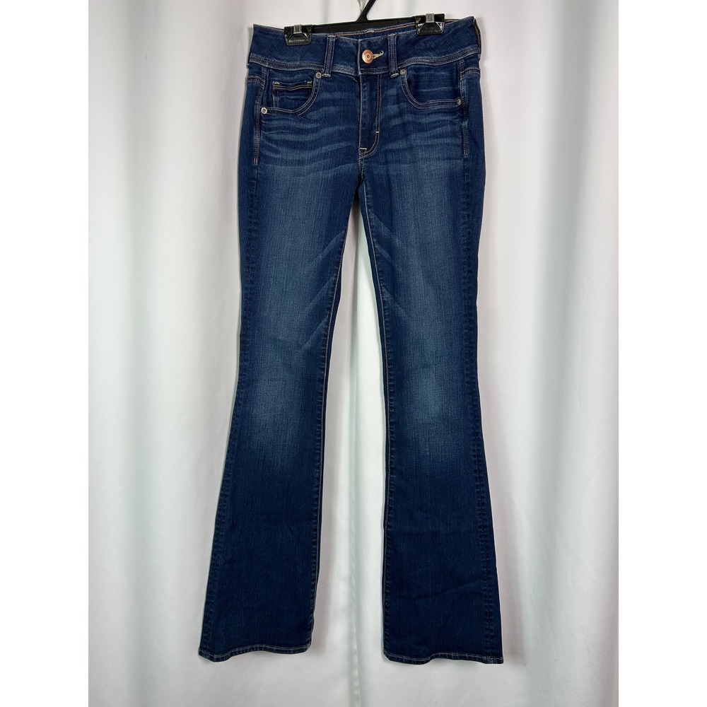 American Eagle Kick Boot Dark Wash Super Stretch Bootcut Jeans Boho 2 Long